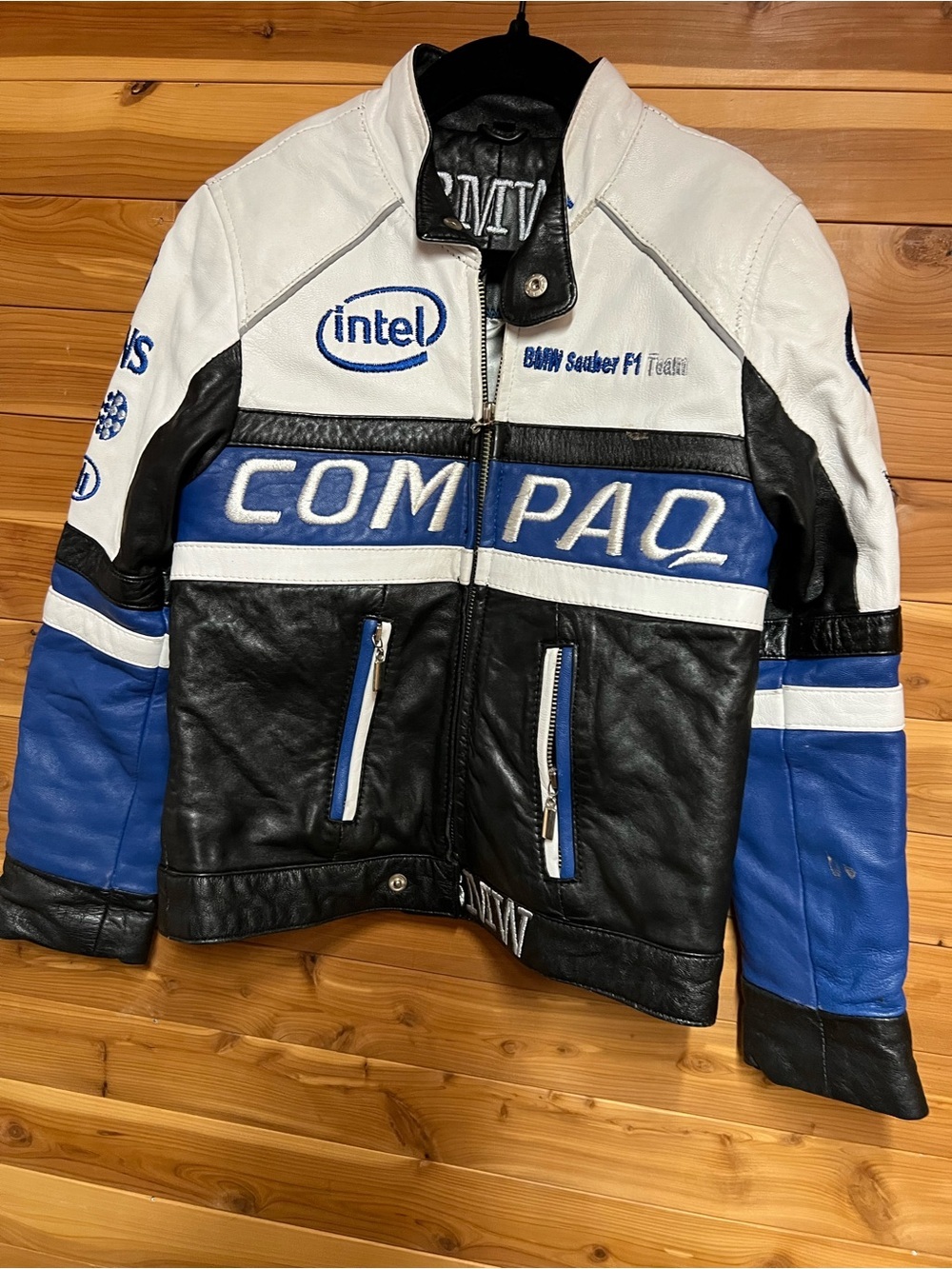 COMPAQ Vintage Racing Leather Jacket with Intel Logo - Blue/Black/White